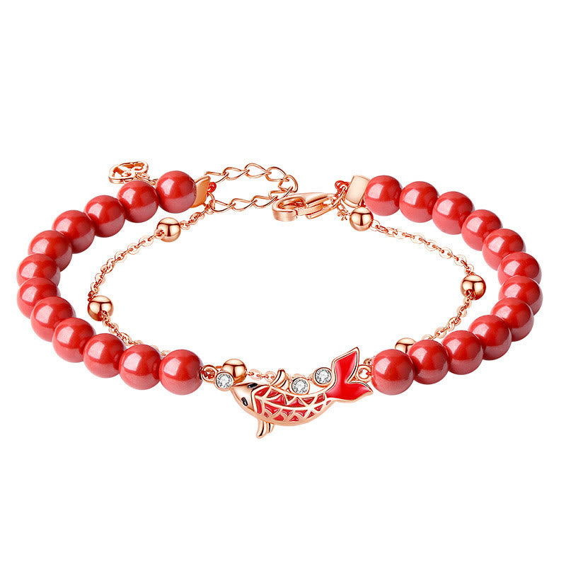 Fortune Jewel 925 Sterling Silver Lucky Koi Fish Cinnabar Zircon Prosperity Double Layer Chain Bracelet