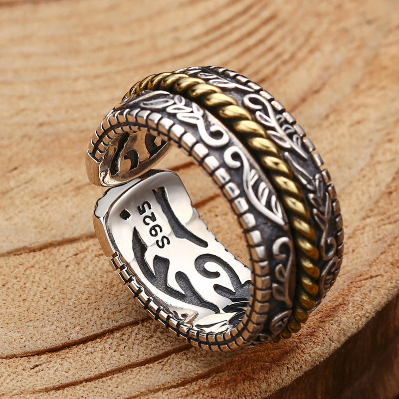 Fortune Jewel 925 Sterling Silver Tang Dynasty Flower Design Luck Adjustable Ring