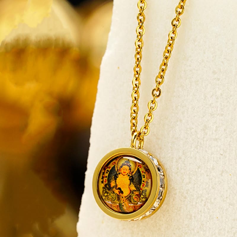 Fortune Jewel Tibetan Yellow God Of Wealth Green Tara Buddha Serenity Titanium Steel Necklace Pendant Fortune Jewel