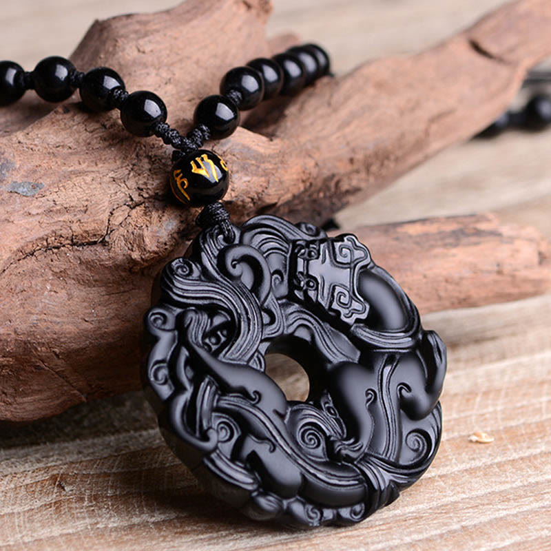 Fortune Jewel Natural Black Obsidian Peace Buckle Pixiu Purification Necklace Pendant