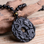 Fortune Jewel Natural Black Obsidian Peace Buckle Pixiu Purification Necklace Pendant