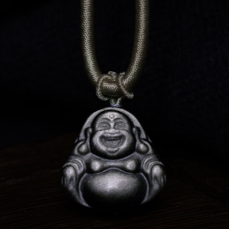 Fortune Jewel Natural Silver Sheen Obsidian Laughing Buddha Protection Necklace Pendant