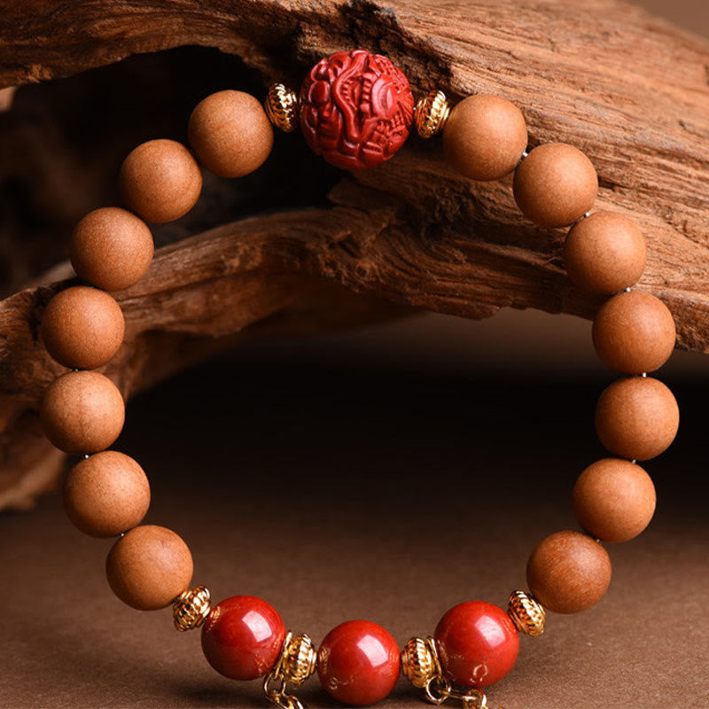 Fortune Jewel Tibetan Natural Peach Wood Cinnabar PiXiu Wealth Tassels Bracelet