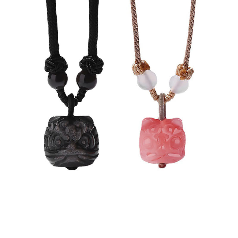 Fortune Jewel Natural Silver Sheen Obsidian Red Agate Dancing Lion Protection Necklace Pendant