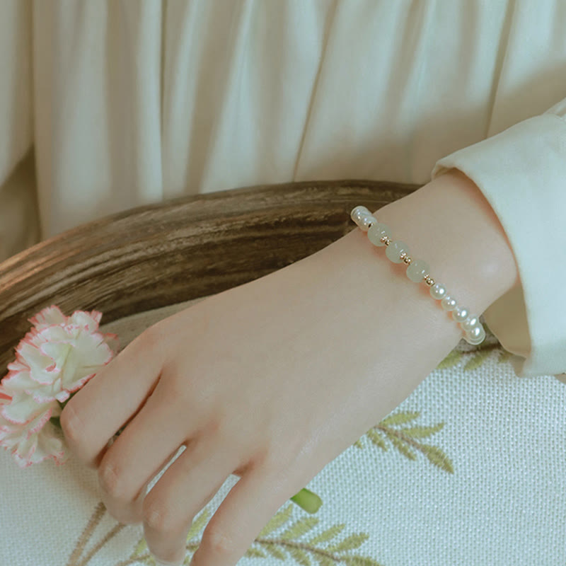 Fortune Jewel 14K Gold Plated Natural Pearl Hetian Cyan Jade White Jade Sincerity Bead Chain Bracelet