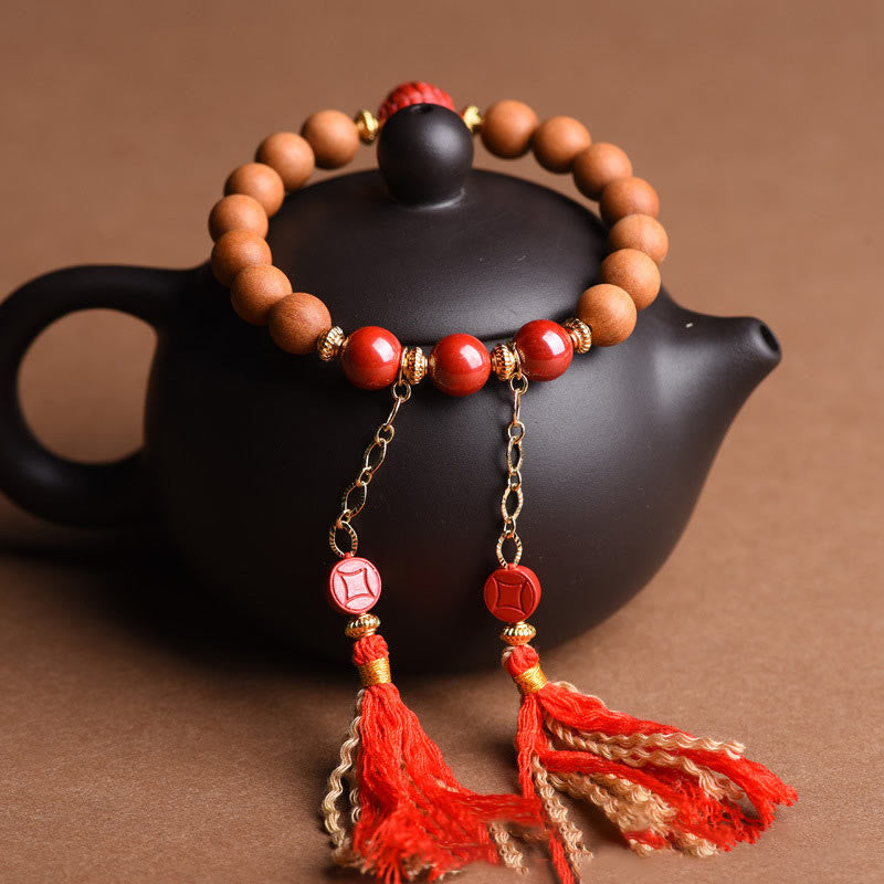 Fortune Jewel Tibetan Natural Peach Wood Cinnabar PiXiu Wealth Tassels Bracelet