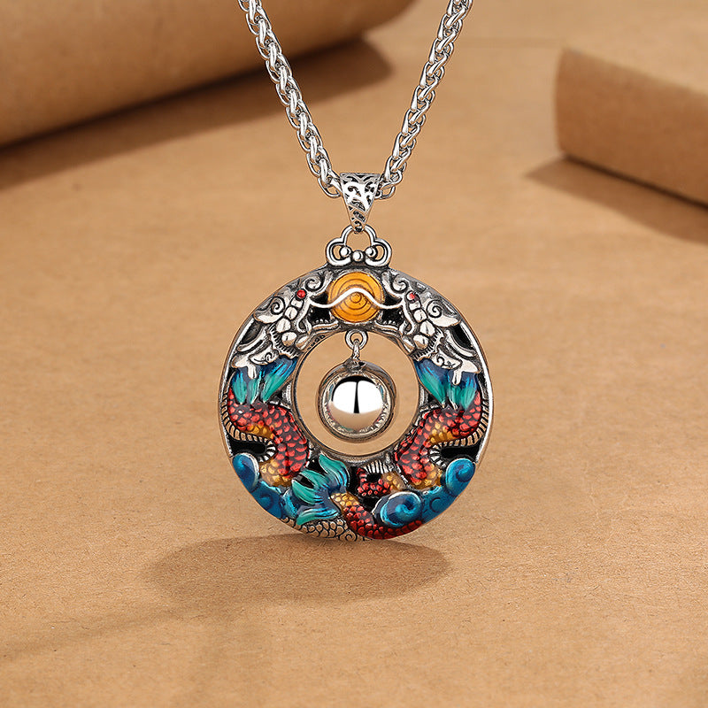 Fortune Jewel Year of the Dragon Colorful Double Dragons Playing Bead Copper Protection Necklace Pendant