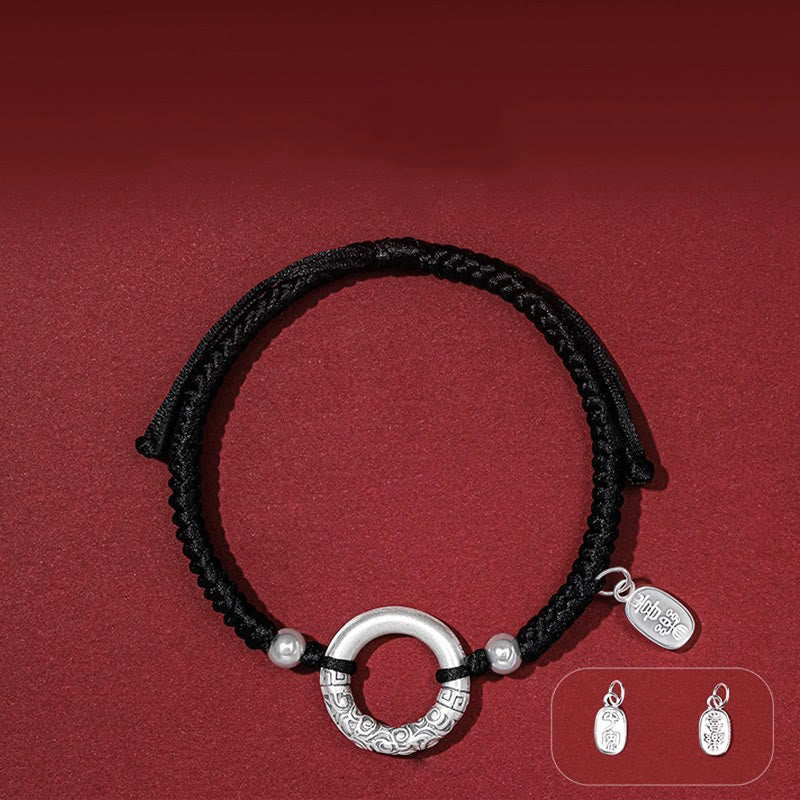 Fortune Jewel 925 Sterling Silver Black Onyx Peace Buckle Fu Character Charm Bracelet