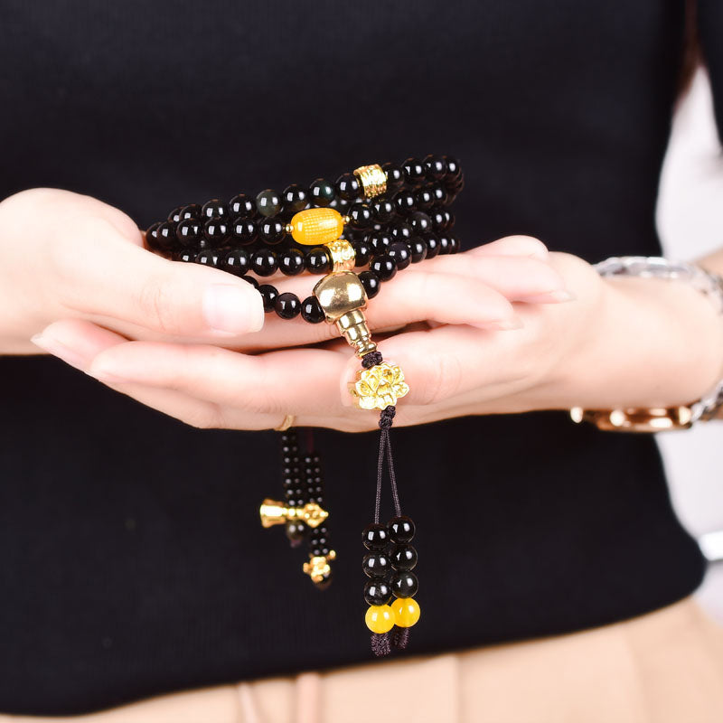 Fortune Jewel 108 Beads Natural Black Obsidian Lotus Fulfilment Mala Bracelet