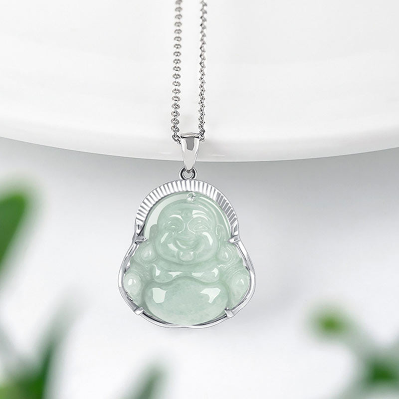 Fortune Jewel Laughing Buddha Jade Luck Calm Titanium Steel Chain Necklace Pendant Fortune Jewel