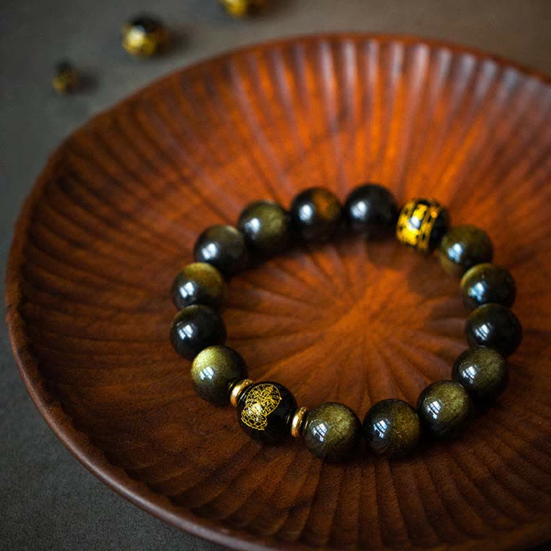 Fortune Jewel Chinese Zodiac Natal Buddha Gold Sheen Obsidian Wealth Protection Bracelet