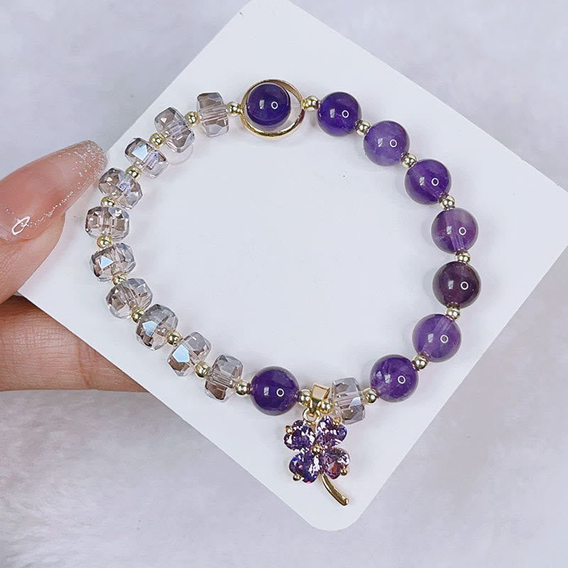Fortune Jewel Amethyst Crystal Four Leaf Clover Healing Charm Bracelet