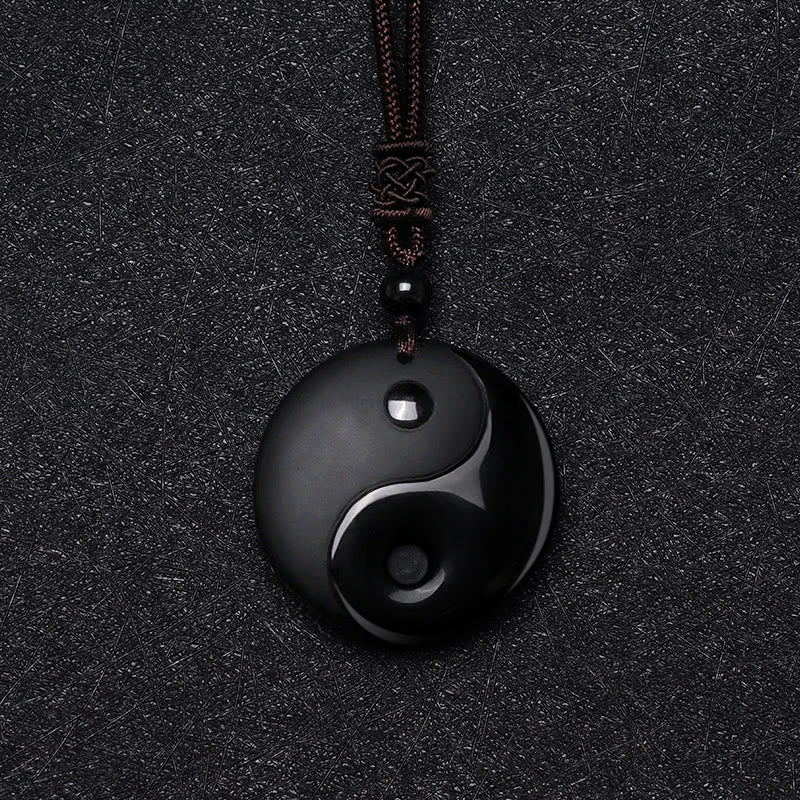 Fortune Jewel Black Obsidian Taoism Five Sacred Mountains Nine-Character Mantra Carved Purification Yin Yang Necklace Pendant