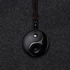 Fortune Jewel Black Obsidian Taoism Five Sacred Mountains Nine-Character Mantra Carved Purification Yin Yang Necklace Pendant