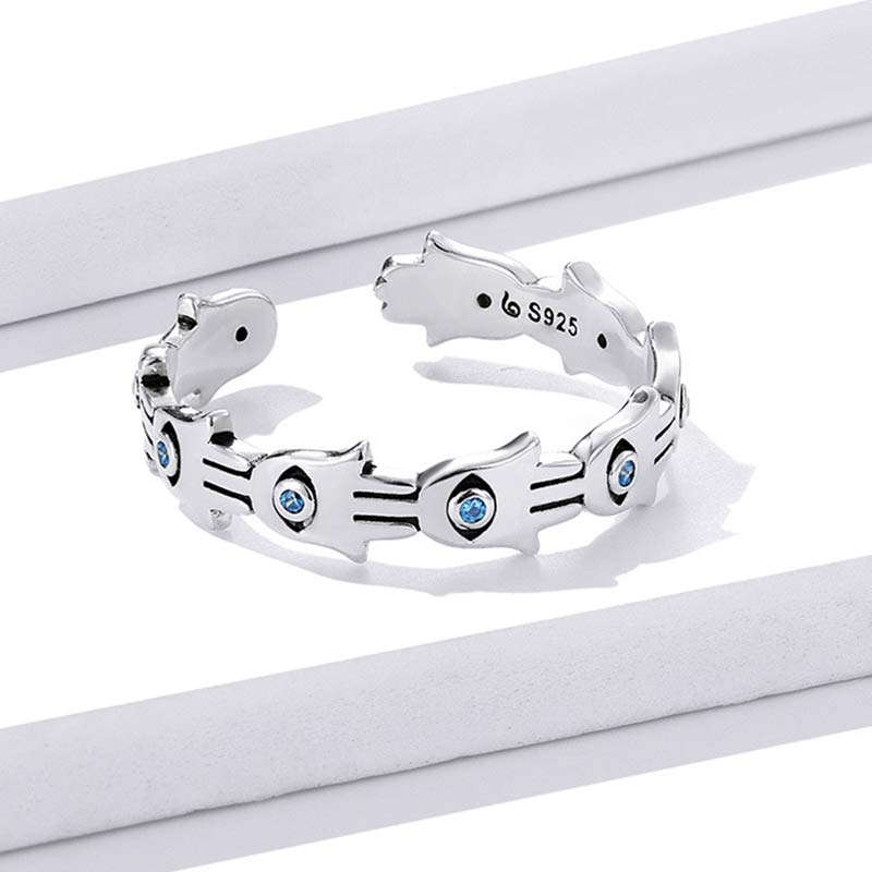 Fortune Jewel 925 Sterling Silver Hamsa Symbol Zircon Adjustable Ring