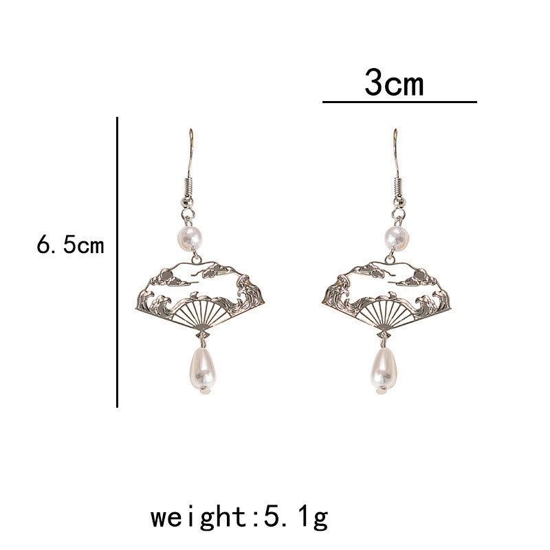 Fortune Jewel Copper Fan Auspicious Clouds Pearl Healing Drop Earrings