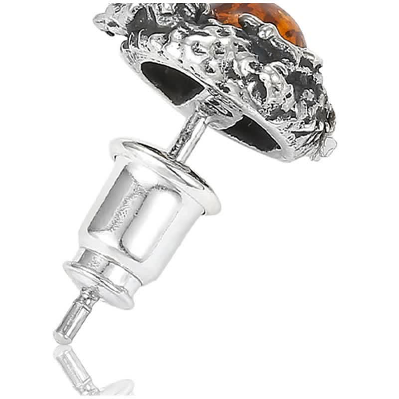 Fortune Jewel 925 Sterling Silver Natural Amber Dragon Success Protection Stud Earring