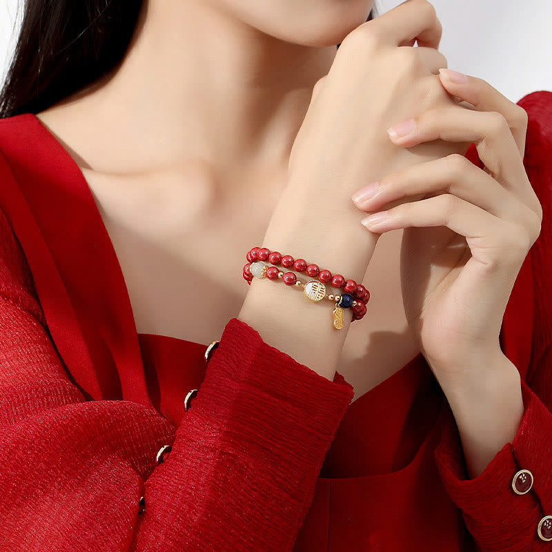 Fortune Jewel 925 Sterling Silver Cinnabar Tridacna Stone Fu Character Double Wrap Blessing Bracelet