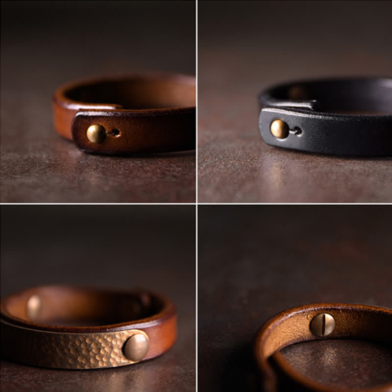 Fortune Jewel Vintage Handmade Texture Copper Brass Leather Wealth Bracelet Bangle