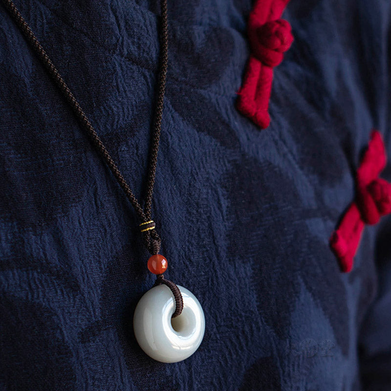 Fortune Jewel Natural Round Jade Gray Jade Peace Buckle Luck Necklace Pendant