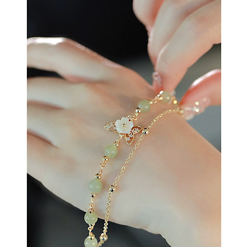 Fortune Jewel 14K Gold Plated Jade Butterfly Tridacna Stone Flower Double Layer Luck Bracelet
