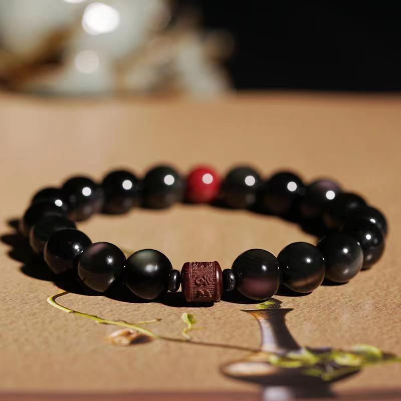 Fortune Jewel Natural Gold Sheen Obsidian Rainbow Obsidian Om Mani Padme Hum Fu Character Healing Bracelet