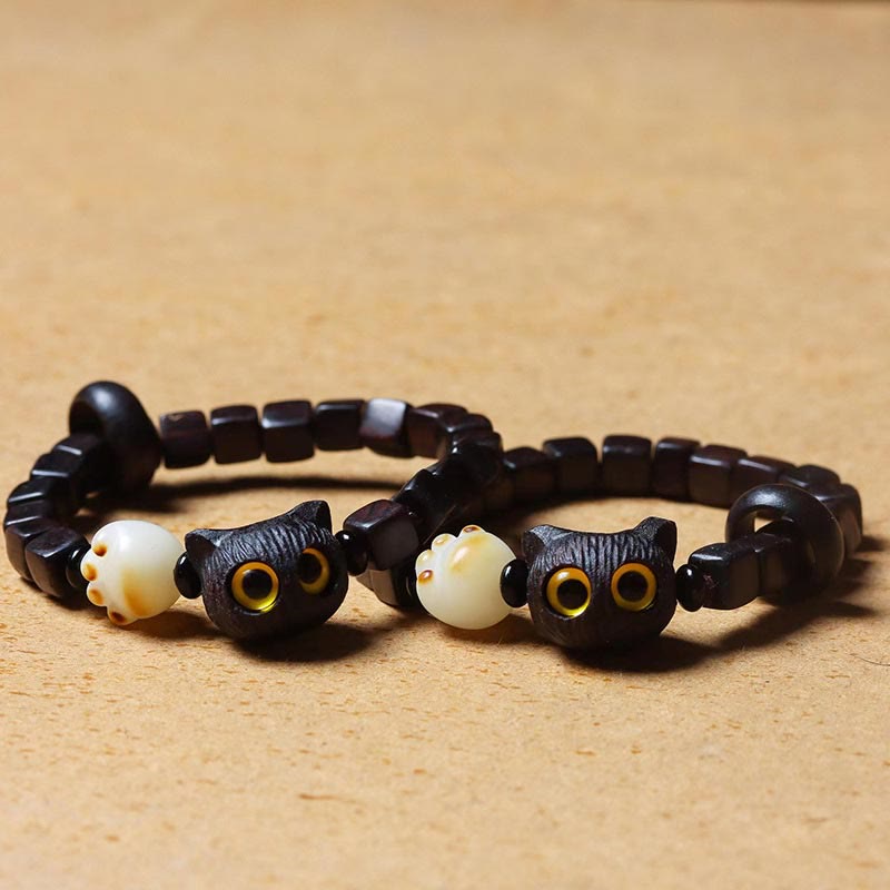 Fortune Jewel Ebony Wood Cute Cat Bodhi Seed Paw Claw Square Beads Calm Bracelet