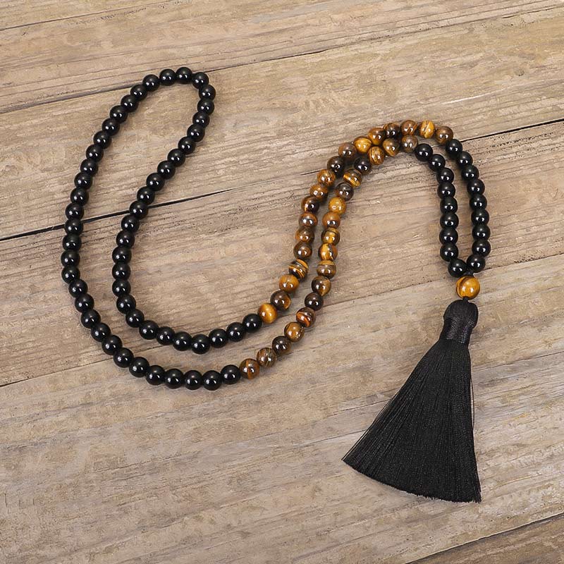 Fortune Jewel Tibetan Black Onyx Tiger Eye Protection Necklace Mala Set