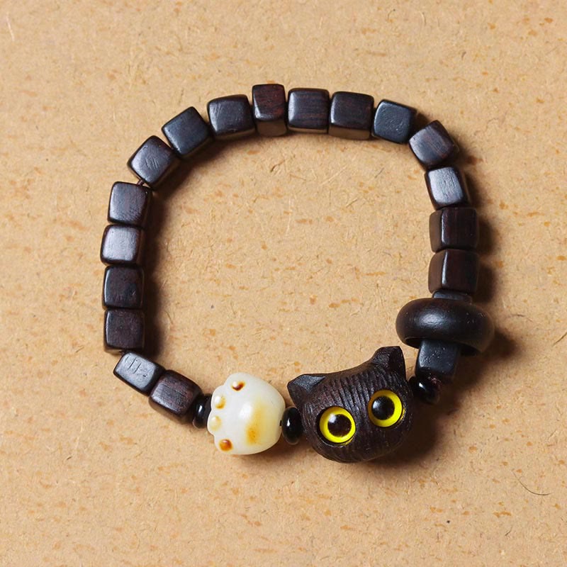 Fortune Jewel Ebony Wood Cute Cat Bodhi Seed Paw Claw Square Beads Calm Bracelet