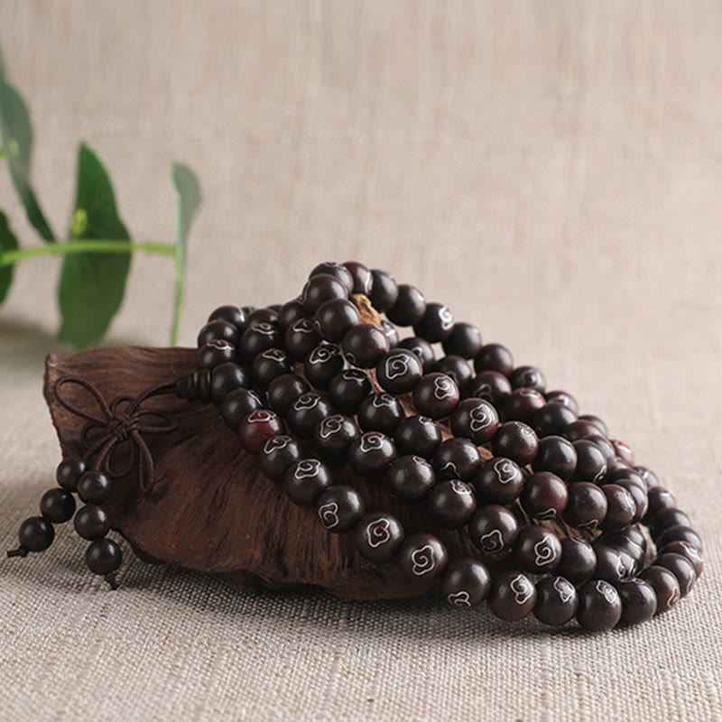 Fortune Jewel 925 Sterling Silver Inlaid Small Leaf Red Sandalwood Om Mani Padme Hum Character Auspicious Clouds Protection Bracelet