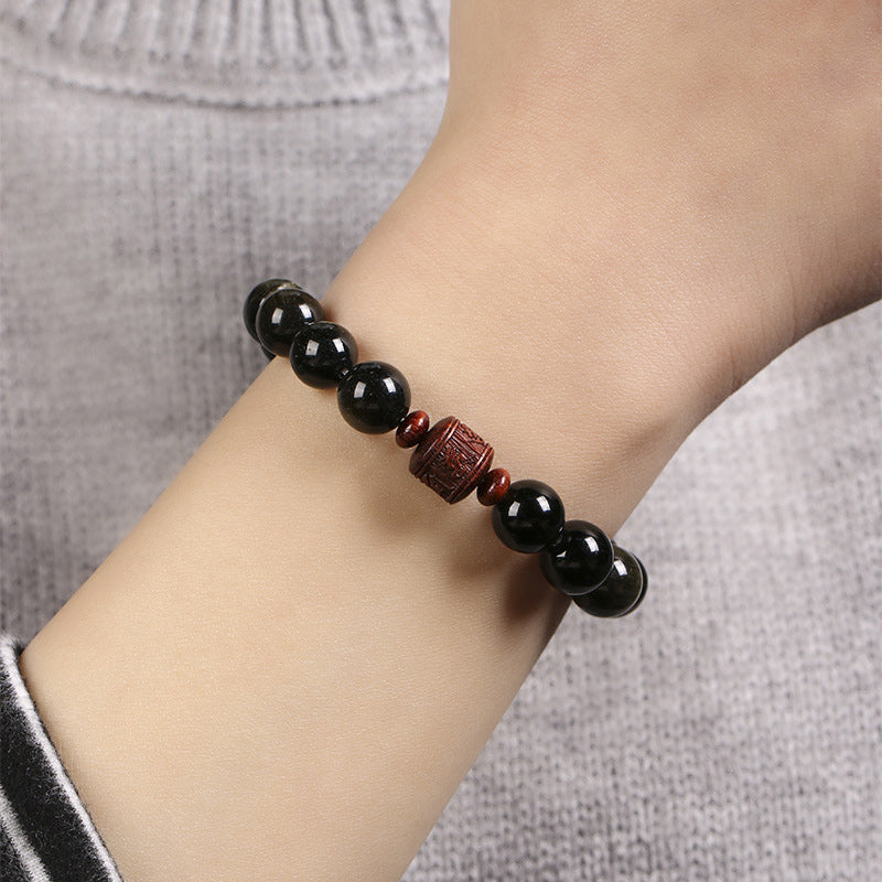 Fortune Jewel Natural Gold Sheen Obsidian Rainbow Obsidian Om Mani Padme Hum Fu Character Healing Bracelet