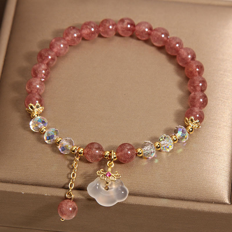 Fortune Jewel Natural Strawberry Quartz Crystal White Agate Auspicious Cloud Healing Bracelet