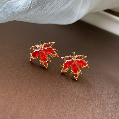 Buddha Stones Maple Leaf Zircon Luck Necklace Pendant Ring Earrings