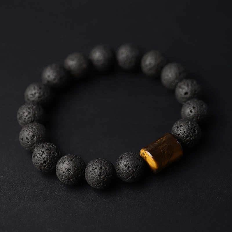 Fortune Jewel Lava Rock Ebony Wood Tiger Eye Healing Bracelet
