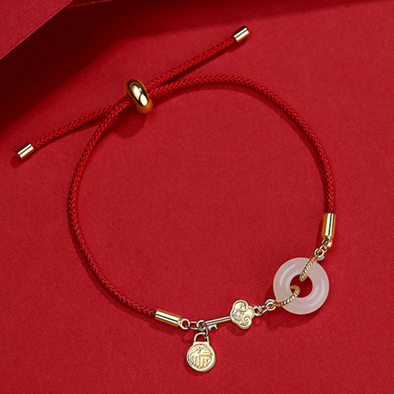 Fortune Jewel 18K Gold Plated Hetian Jade Peace Buckle Fu Character Luck Red Rope Bracelet