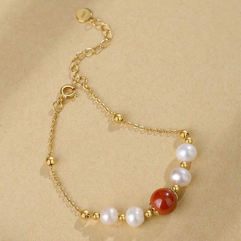 Fortune Jewel 925 Sterling Silver Pearl Cinnabar Healing Bead Chain Bracelet