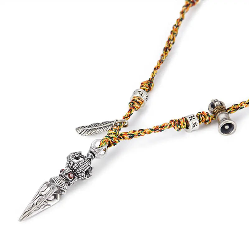 Fortune Jewel Tibetan Handmade 925 Sterling Silver Dorje Vajra Om Mani Padme Hum Feather Strength Necklace Pendant Fortune Jewel