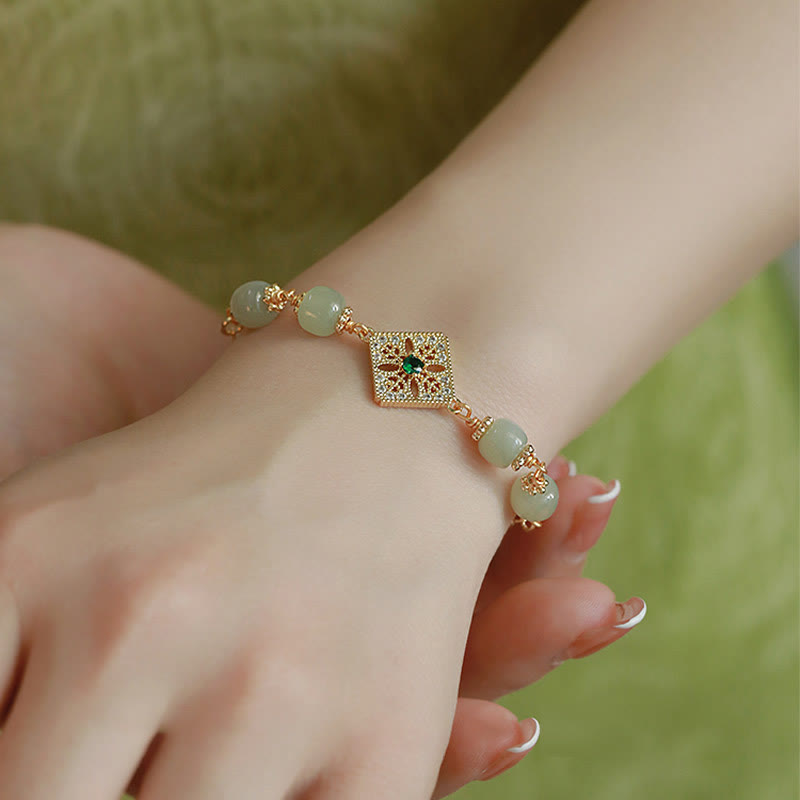 Fortune Jewel Natural Hetian Jade Bead Square Pattern Luck Chain Bracelet