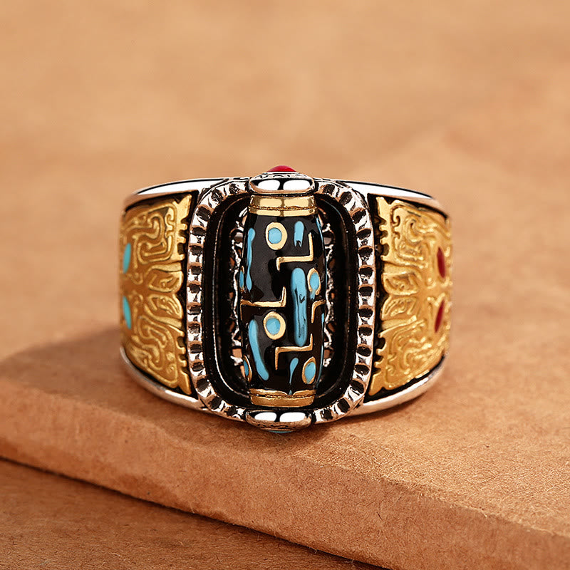 Fortune Jewel Tibetan Nine-Eye Dzi Bead Wealth Blessings Rotatable Ring