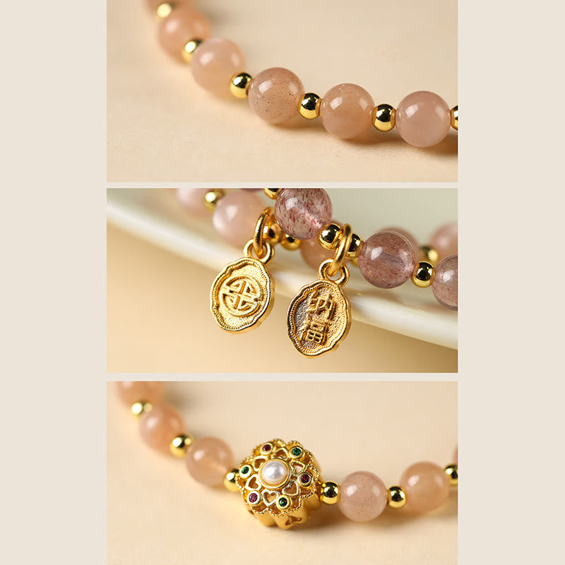 Fortune Jewel 14K Gold Plated Natural Strawberry Quartz Labradorite Sun Stone Fu Character Positive Charm Bracelet