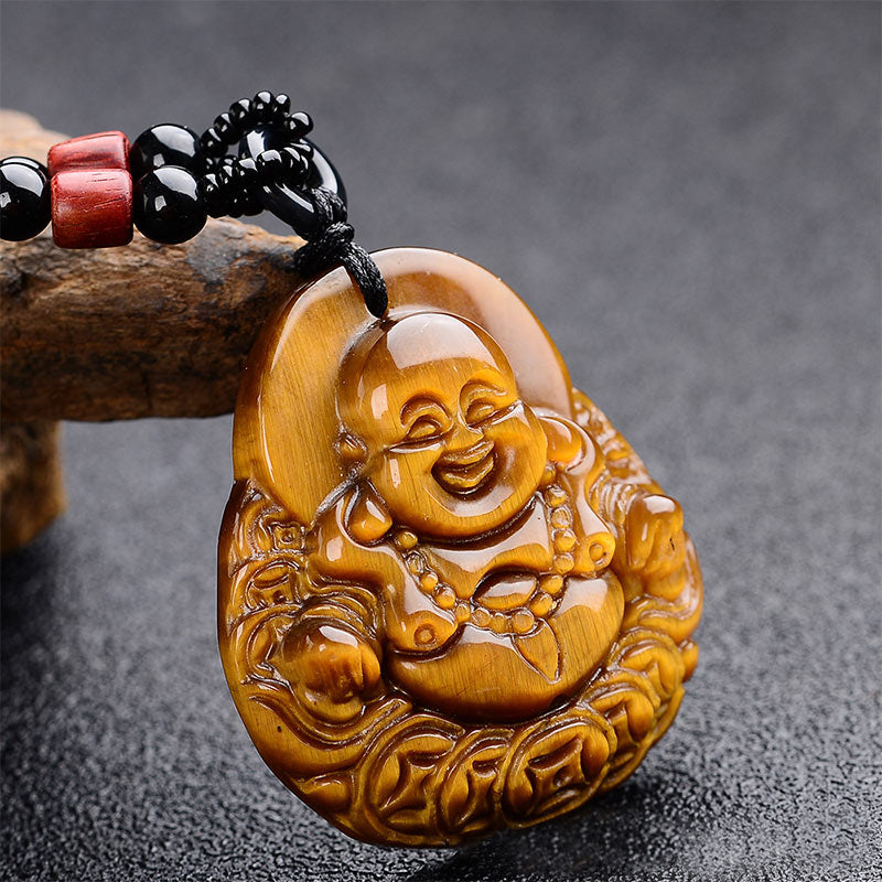 Fortune Jewel Tiger's Eye Laughing Buddha Blessing Necklace