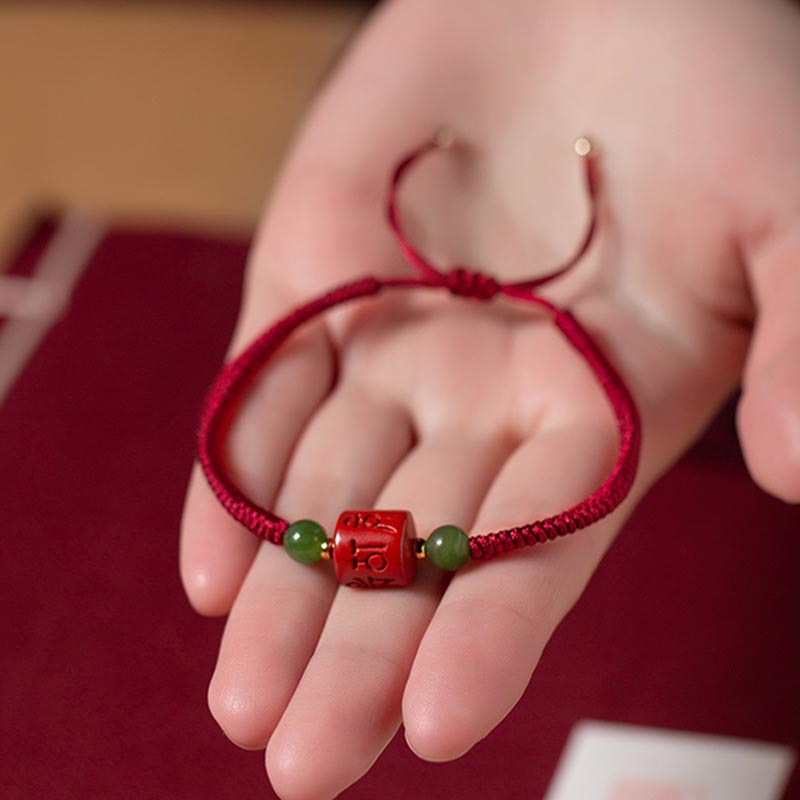 Fortune Jewel Tibetan Cinnabar Om Mani Padme Hum Engraved Blessing Braided Rope Bracelet