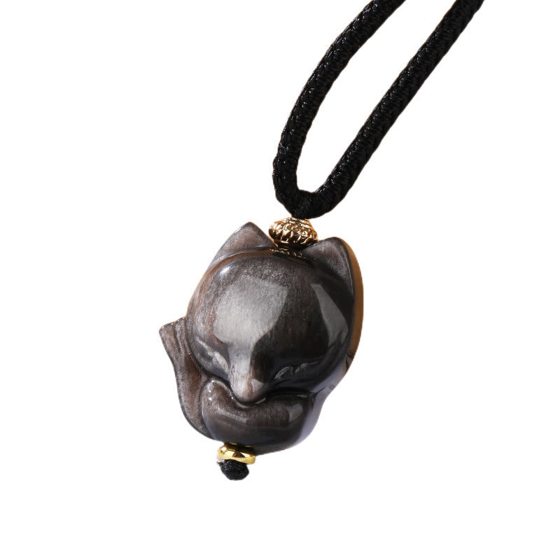 Fortune Jewel Natural Silver Sheen Obsidian Nine Tailed Fox Protection Necklace Pendant