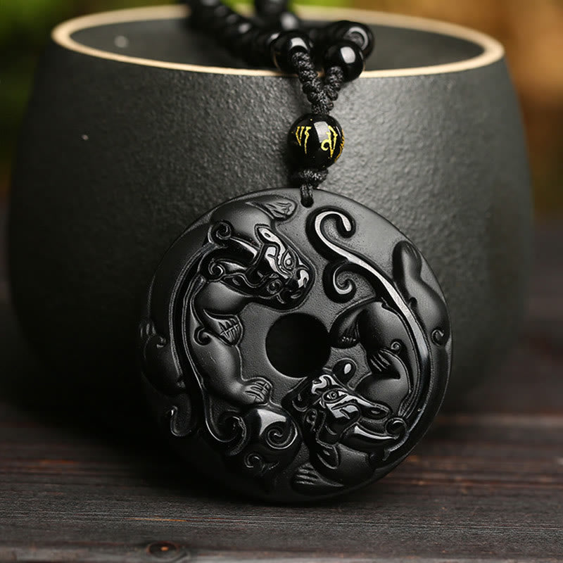 Fortune Jewel Natural Black Obsidian Peace Buckle Pixiu Bead Rope Strength Necklace Pendant