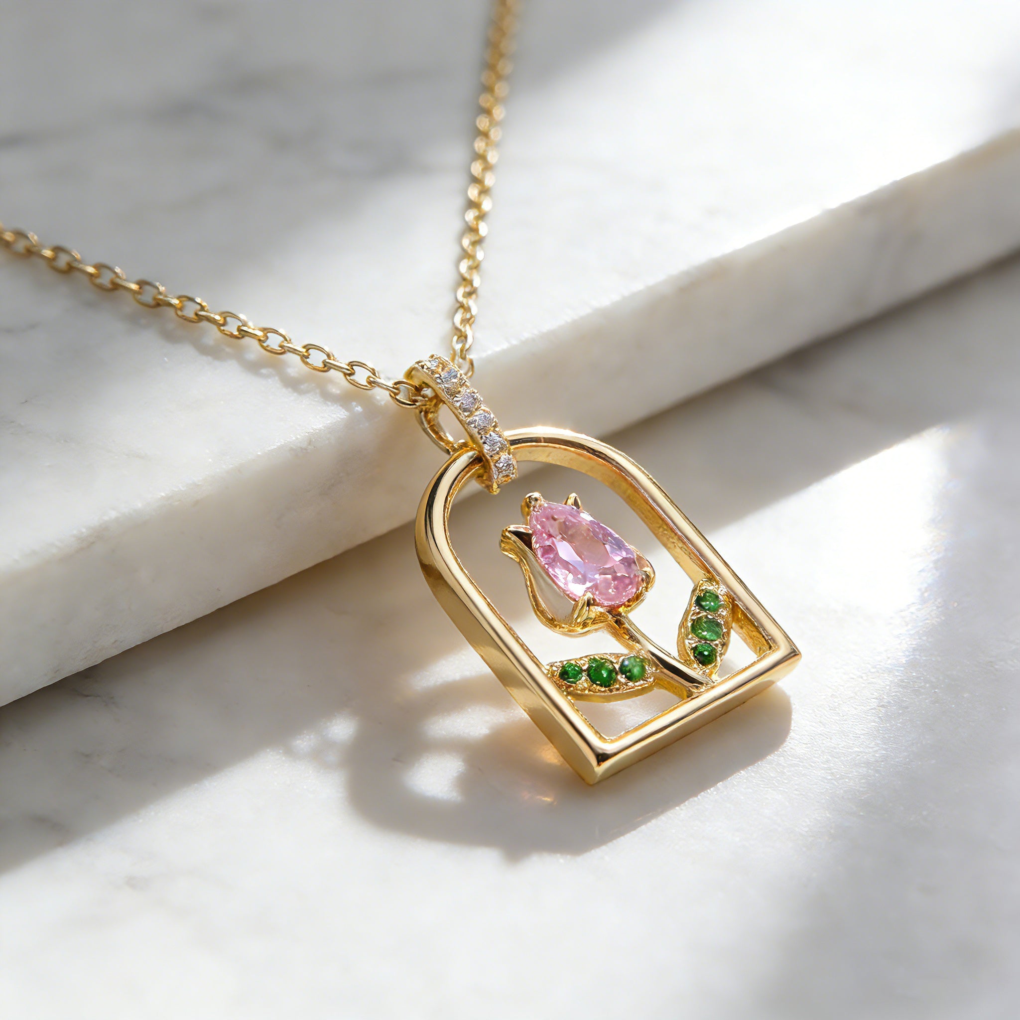 Pink Tulip Pendant Necklace for Women | Gold-Plated Crystal Charm with Thin Delicate Chain