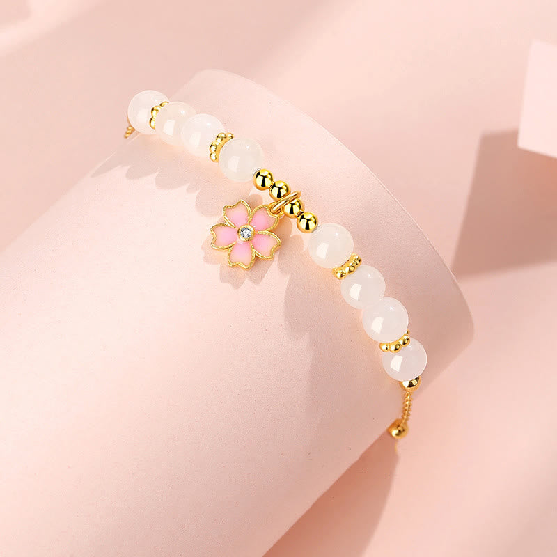 Fortune Jewel 925 Sterling Silver Hetian White Jade Cherry Blossom Protection Bracelet