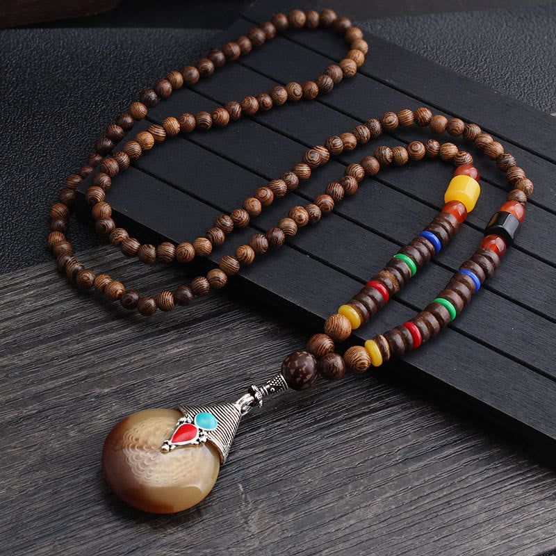 Fortune Jewel Tibetan Wenge Wood Bodhi Seed Agate Balance Peace Necklace Pendant