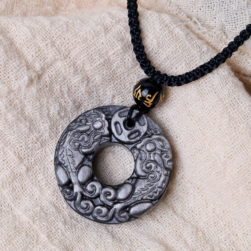 Fortune Jewel Natural Silver Sheen Obsidian Double PiXiu Copper Coin Peace Buckle Protection Necklace Pendant