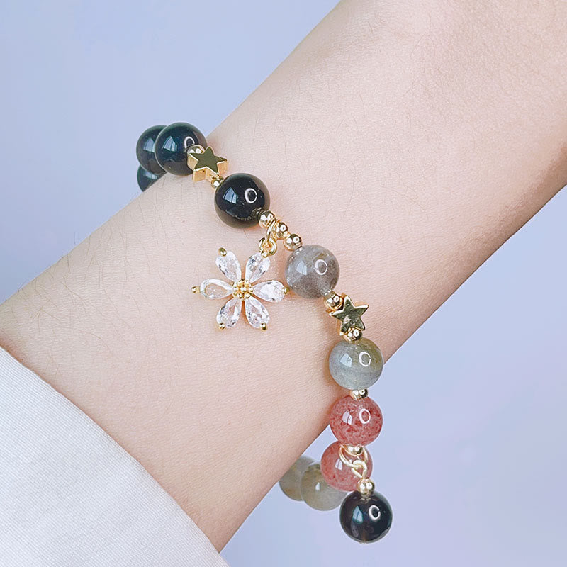 Fortune Jewel Natural Silver Sheen Obsidian Love Heart Star Flower Protection Bracelet