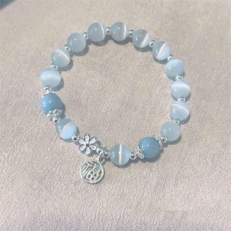 Fortune Jewel Cat's Eye Crystal Peach Blossom Bell Fu Character Charm Support Bracelet